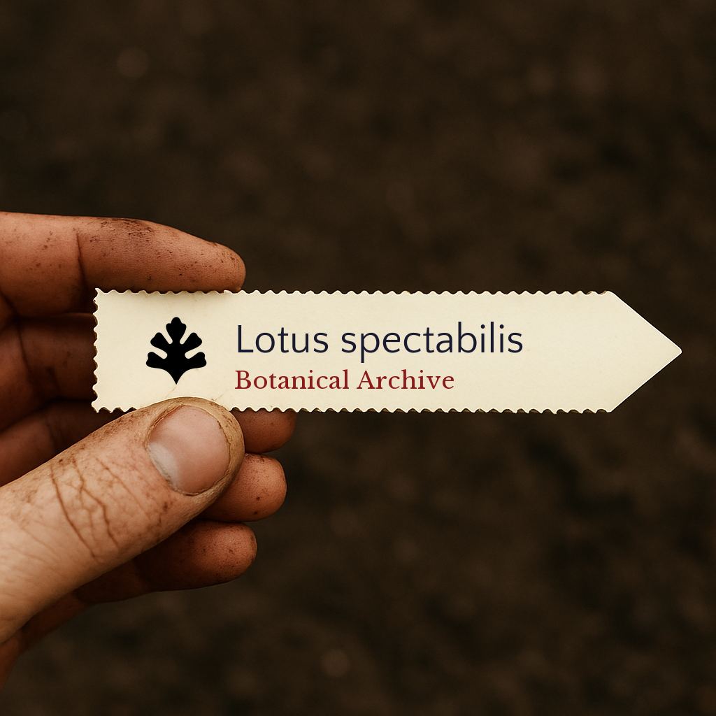 Etichetta stampata per pianta di Lotus spectabilis tenuta da una mano sporca su sfondo di terreno