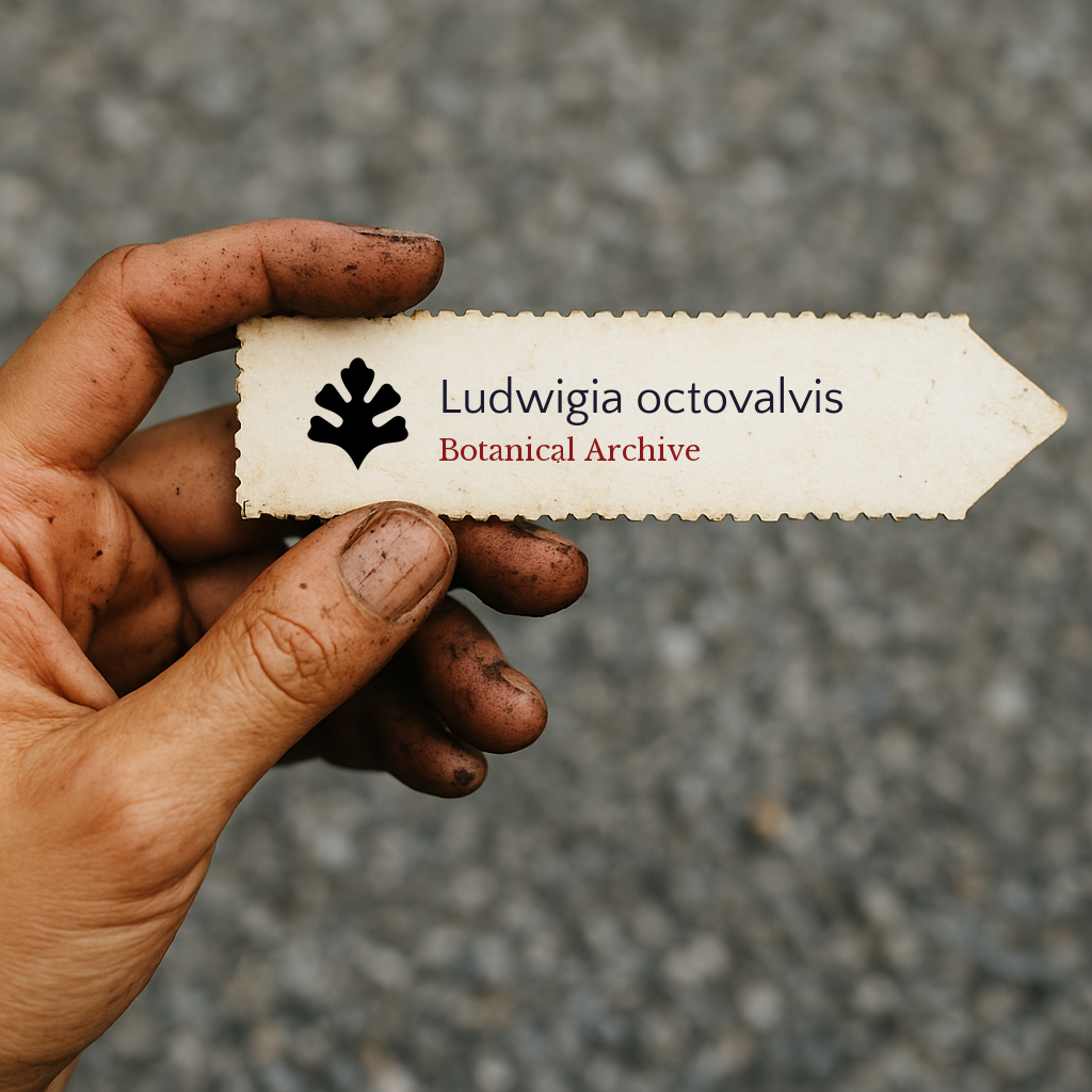 Printed plant label for Ludwigia octovalvis held by a dirt-covered hand outdoors