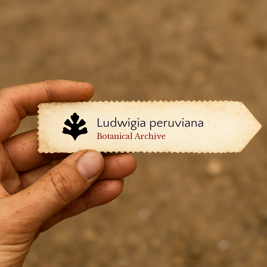 Printed plant label for Ludwigia peruviana with botanical archive logo held by hand