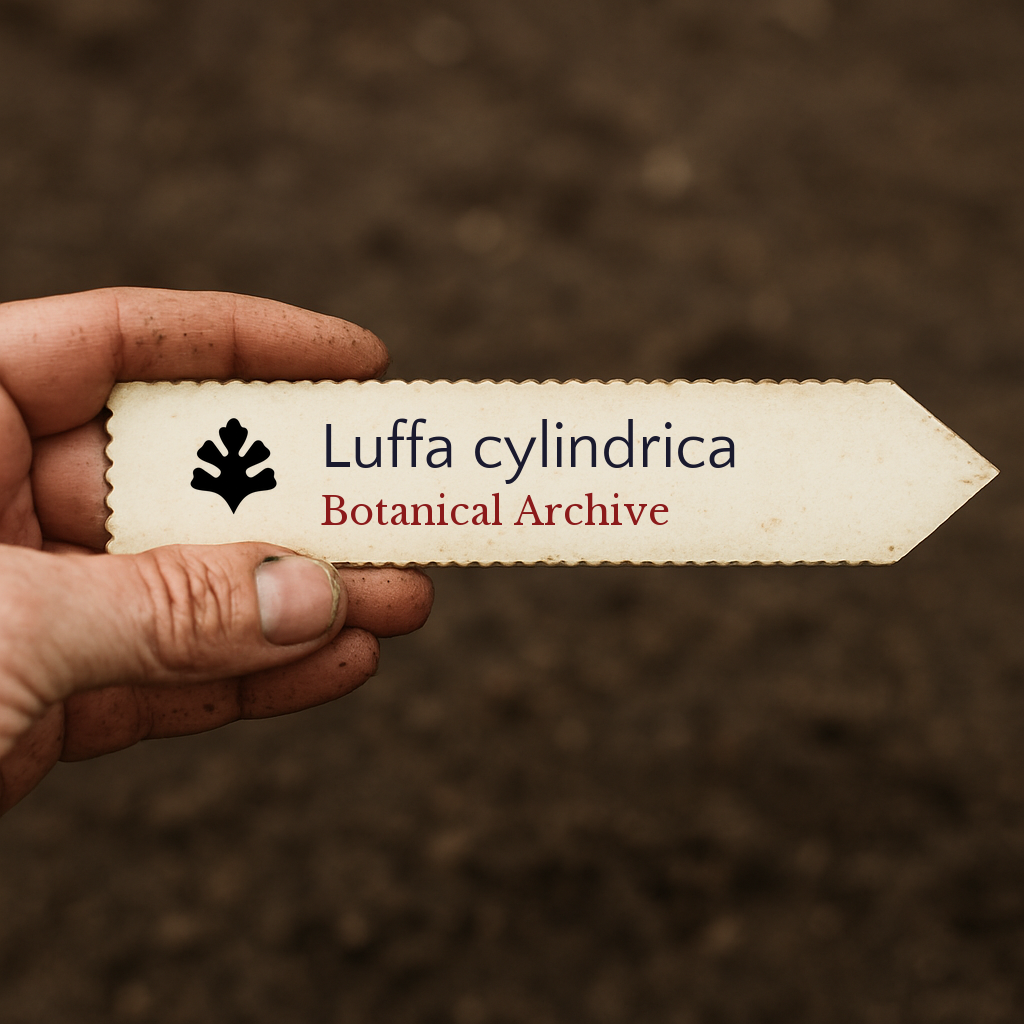 Printed plant label for Luffa cylindrica held over soil background