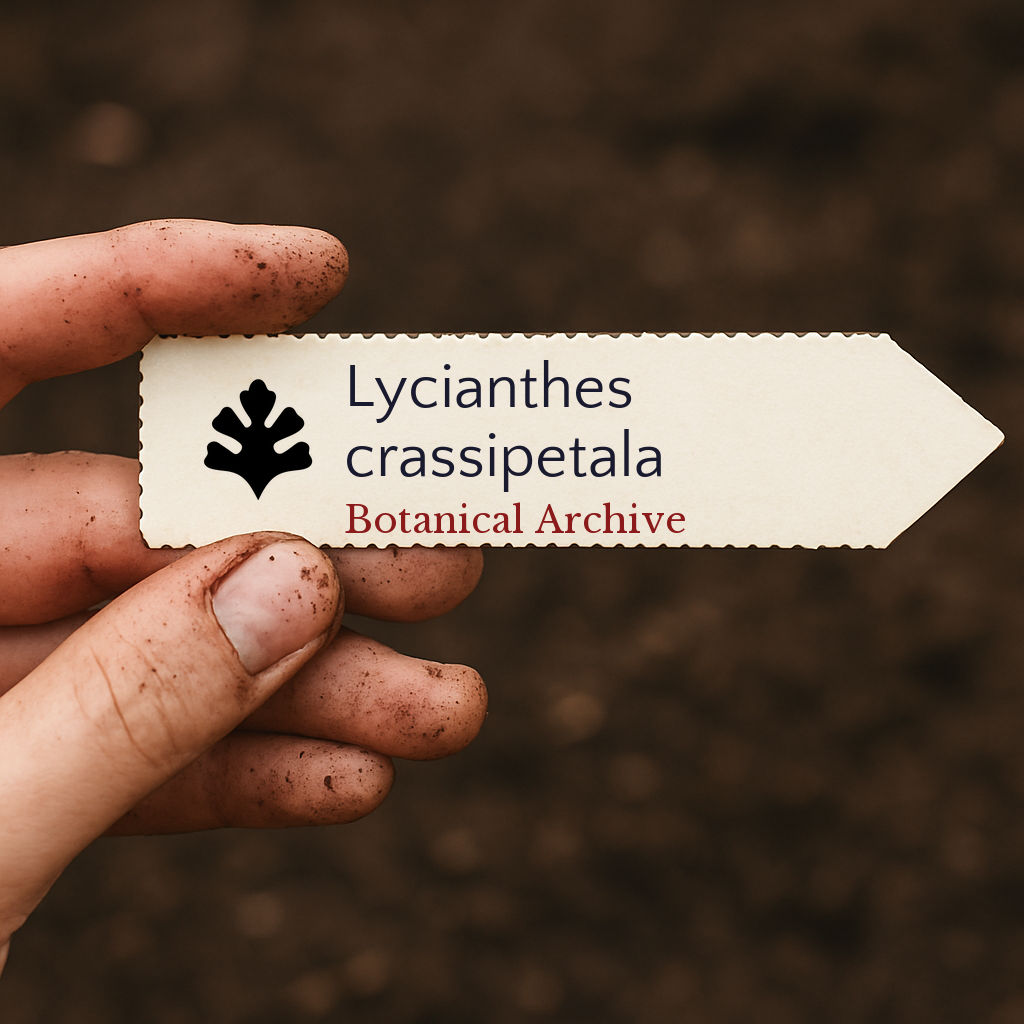 Printed plant label for Lycianthes crassipetala held by dirty hand with soil background