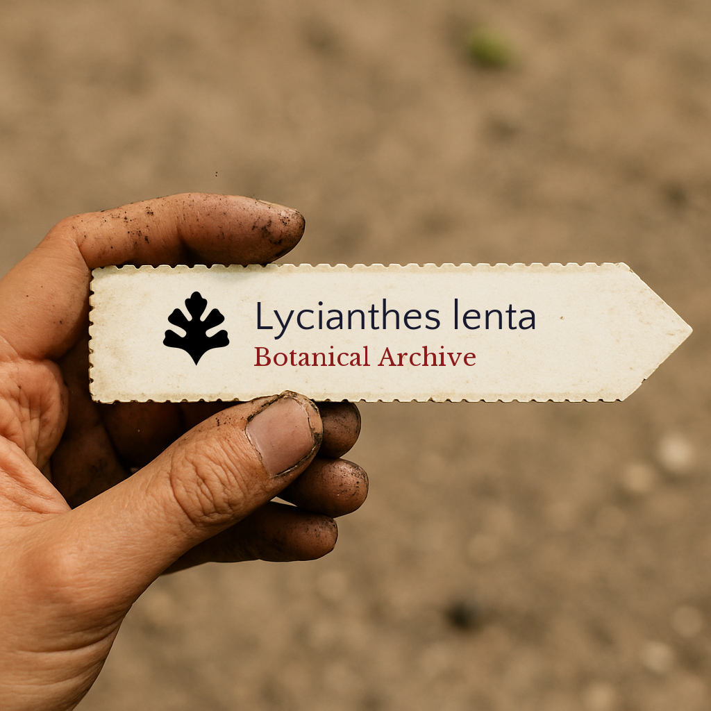 Printed plant label for Lycianthes lenta held by dirty hand against soil background