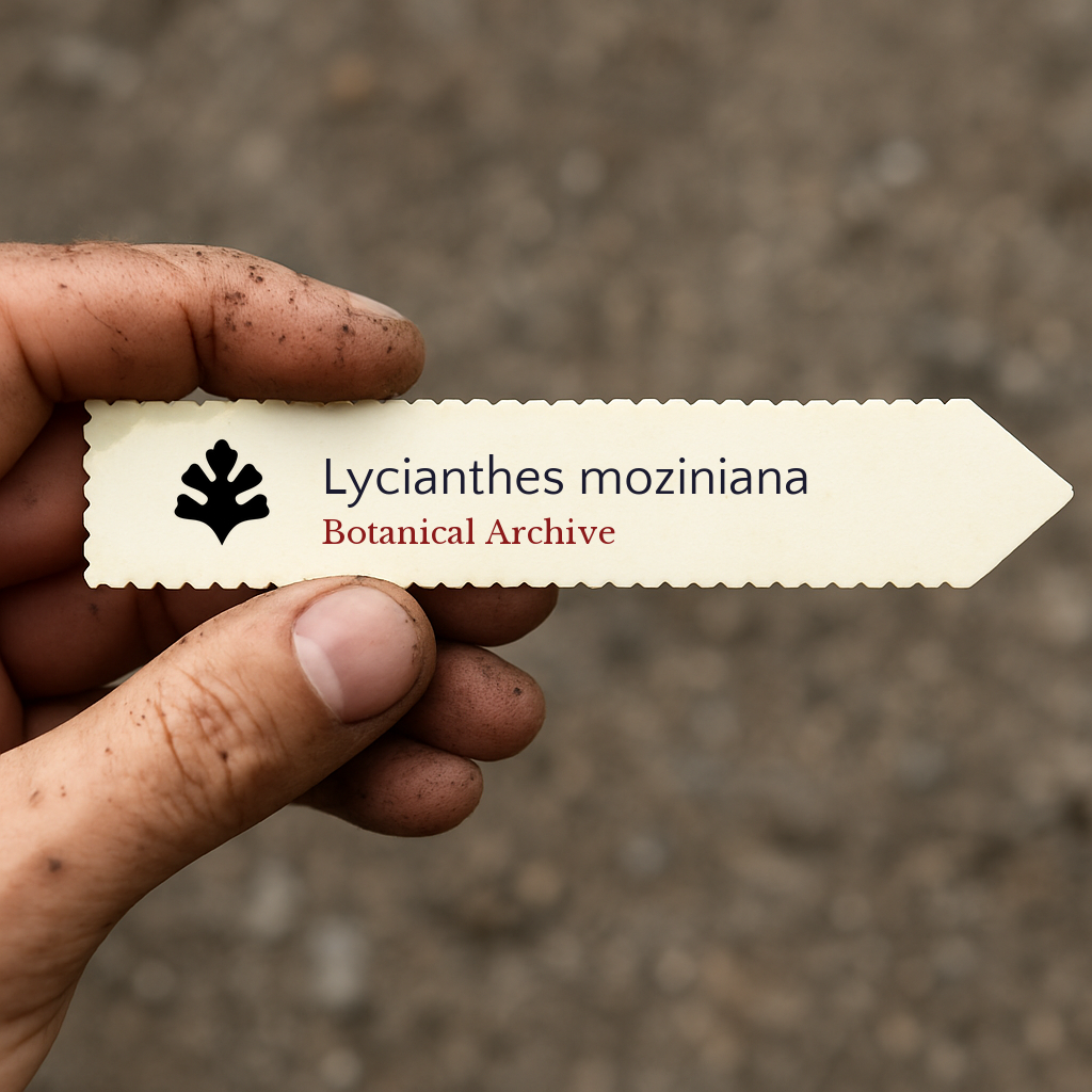 Etichetta della pianta stampata per Lycianthes moziniana tenuta da una mano sporca all'aperto