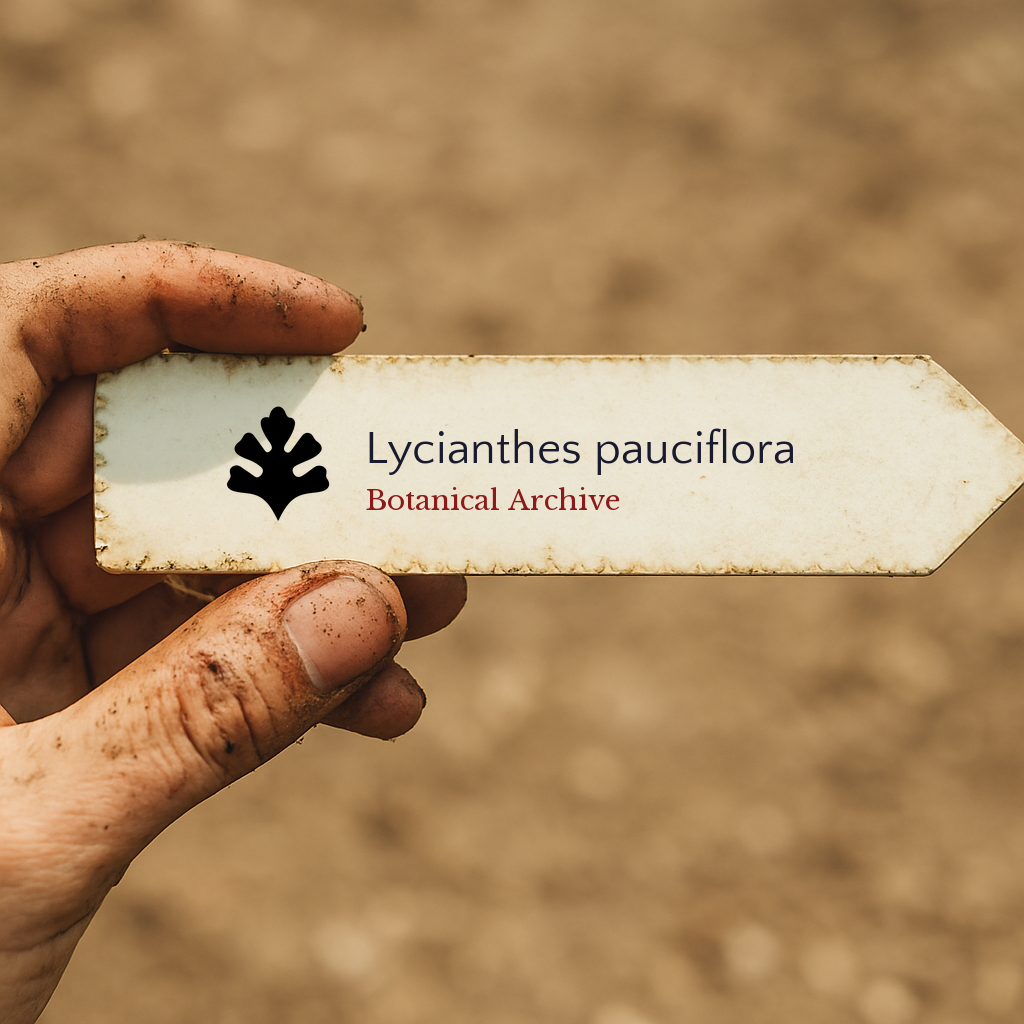 Printed plant label for Lycianthes pauciflora held by dirty hand outdoors
