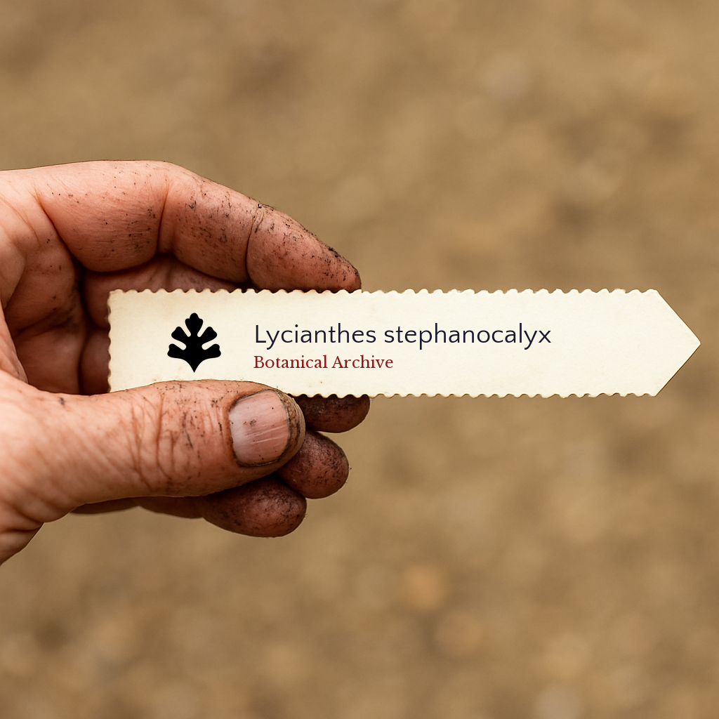 Etichetta stampata per pianta di Lycianthes stephanocalyx tenuta da una mano sporca all'aperto
