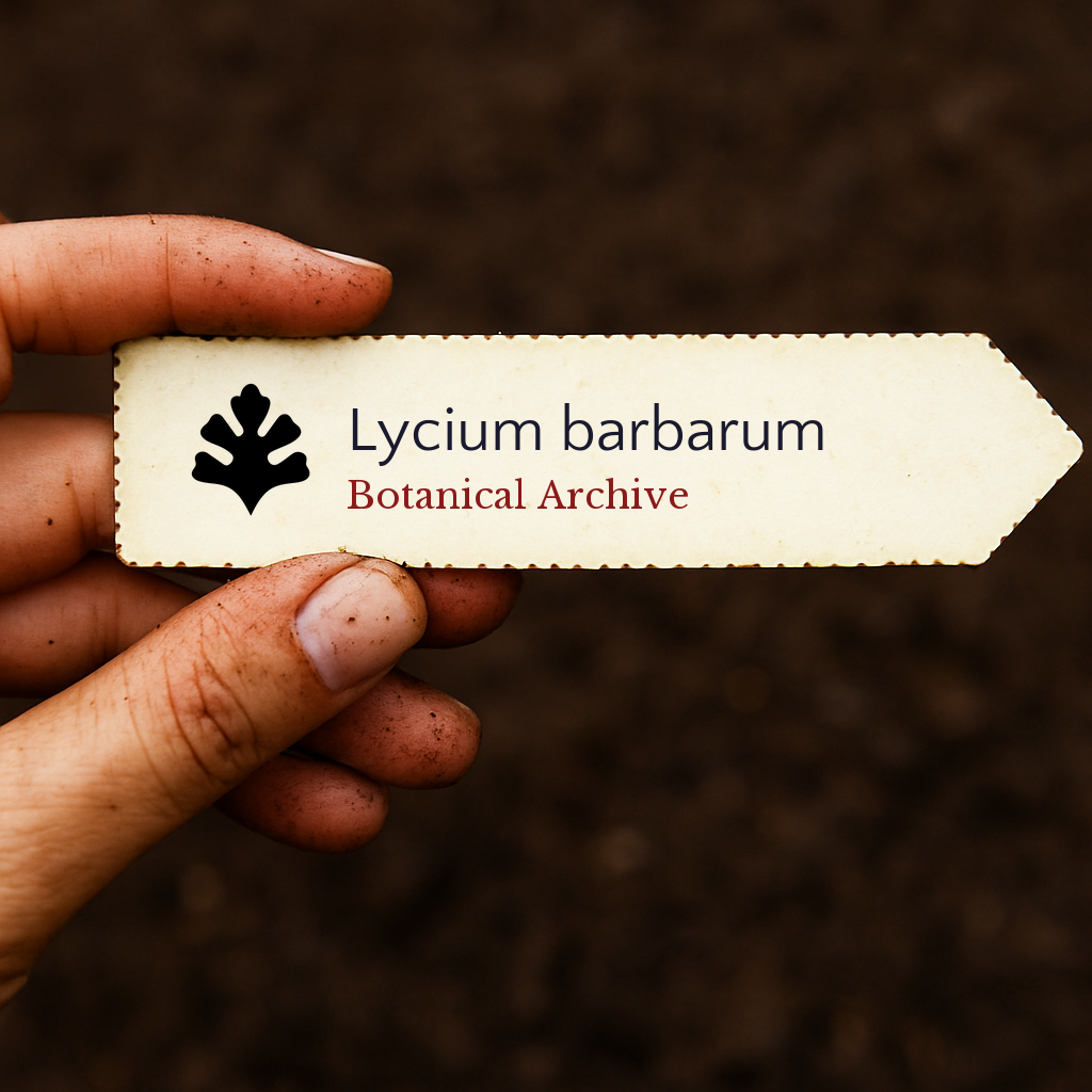 Etichetta stampata della pianta per Lycium barbarum tenuta da mano sporca su sfondo di terra