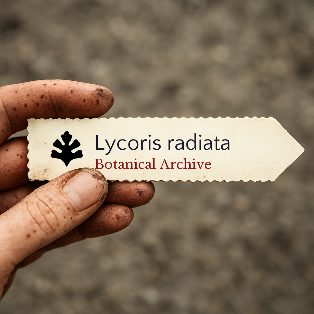 Etichetta per piante stampata per Lycoris radiata tenuta da mano sporca all'aperto