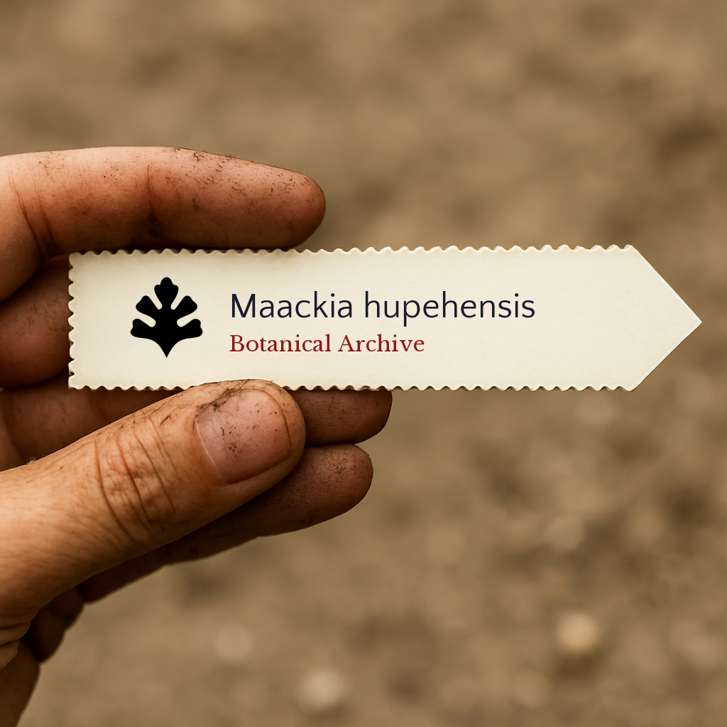 Printed plant label for Maackia hupehensis held by dirty hand outdoors