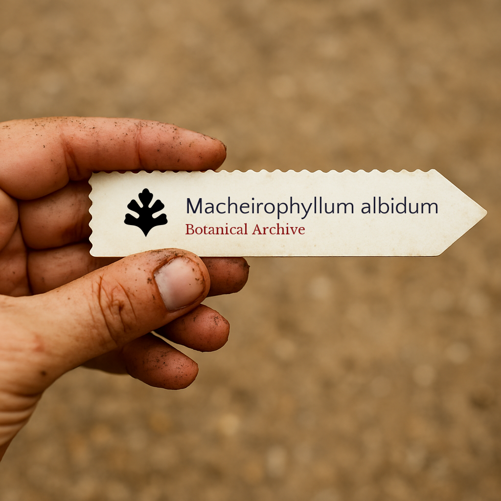 Printed plant label for Macheirophyllum albidum held by dirty hand outdoors