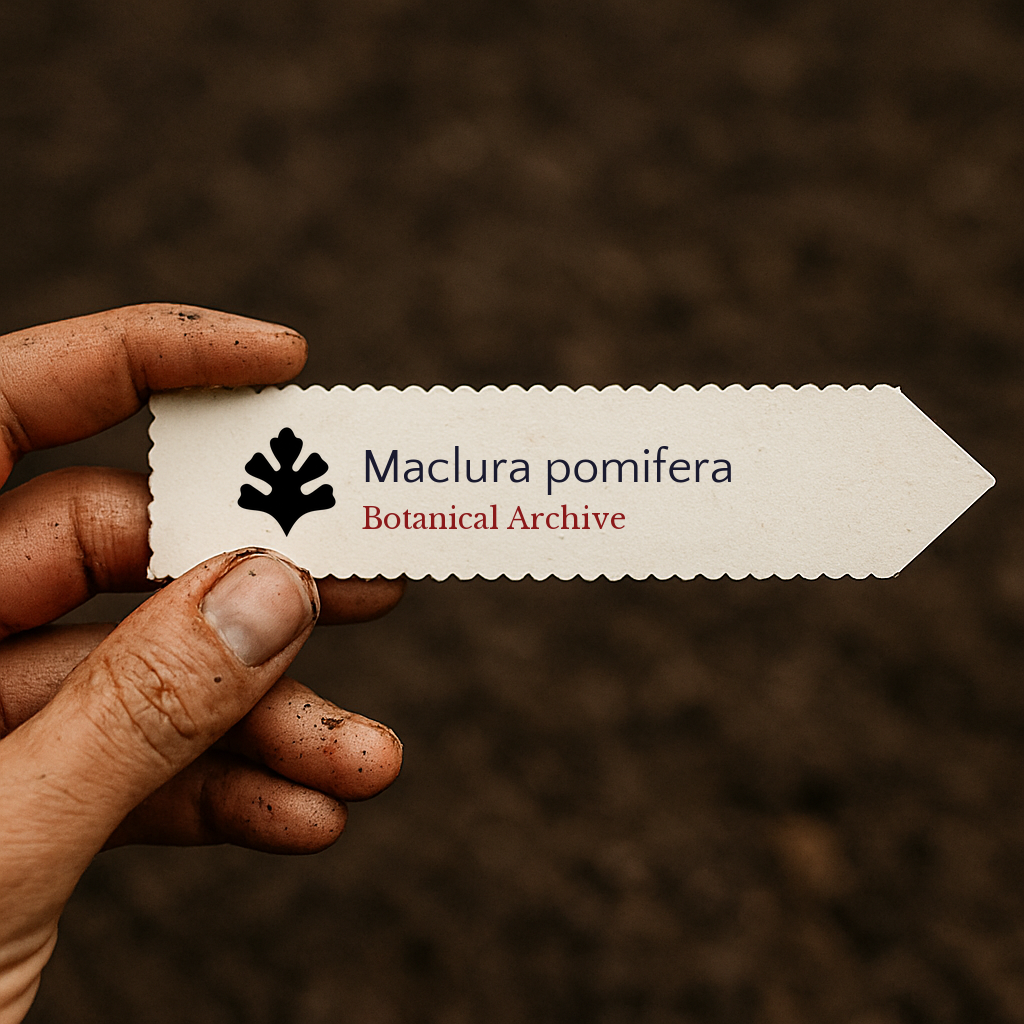 Etichetta per piante stampata per Maclura pomifera con logo Botanical Archive tenuta a mano