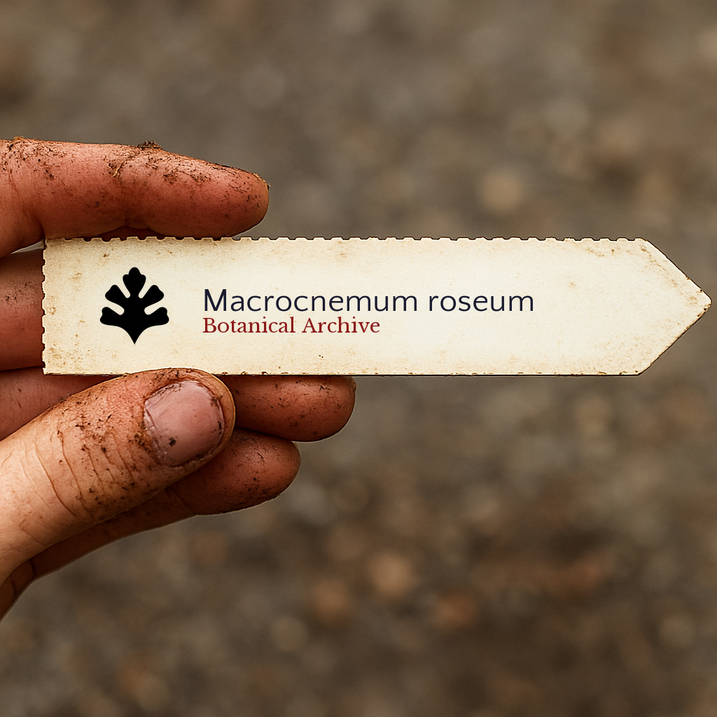 Printed plant label for Macrocnemum roseum held by dirty hand outdoors