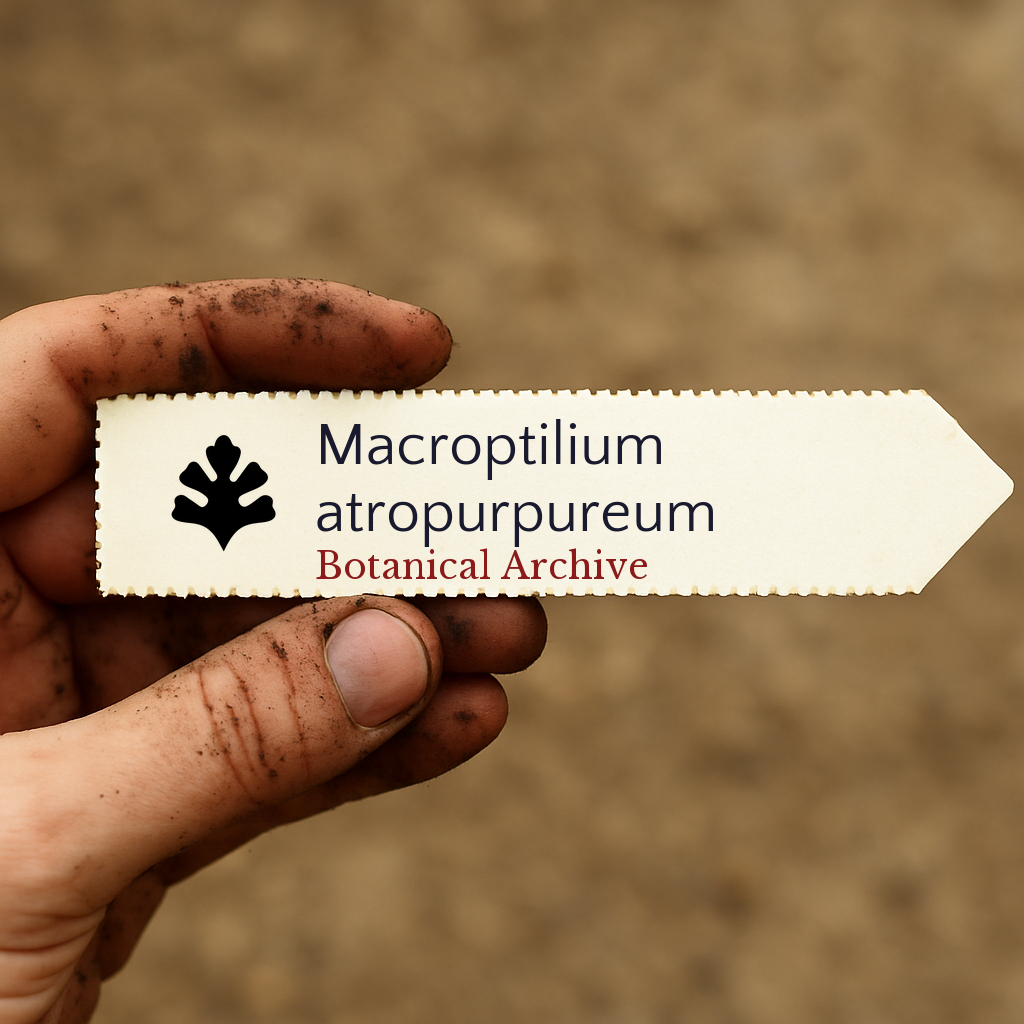 Etichetta per pianta stampata di Macroptilium atropurpureum tenuta da una mano sporca all'aperto