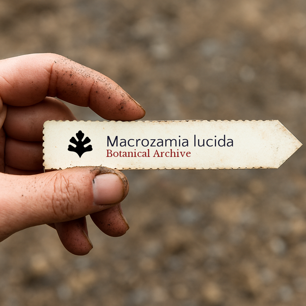 Etichetta stampata per pianta Macrozamia lucida tenuta da mano sporca all'aperto