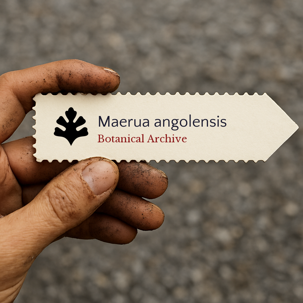 Etichetta per pianta stampata per Maerua angolensis tenuta da mano sporca con forma a freccia