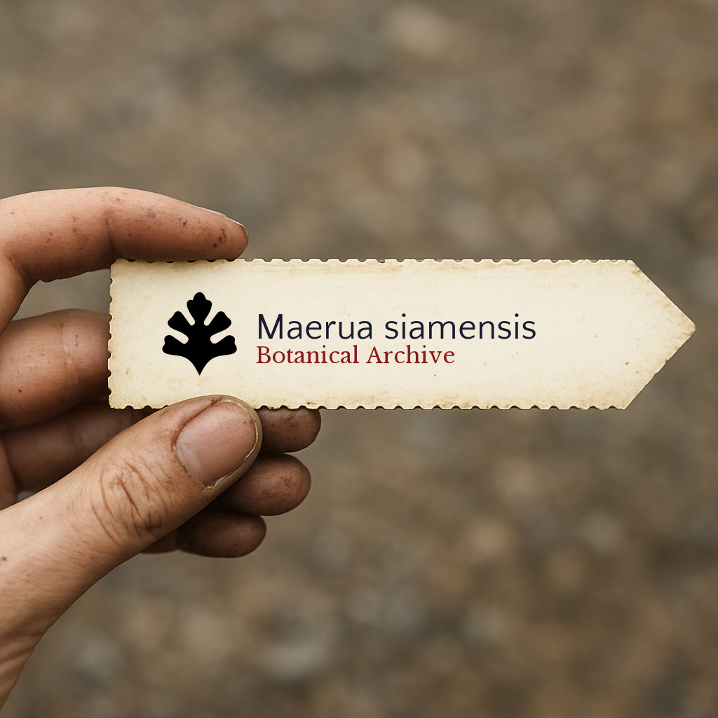 Printed plant label for Maerua siamensis with botanical archive logo held by hand