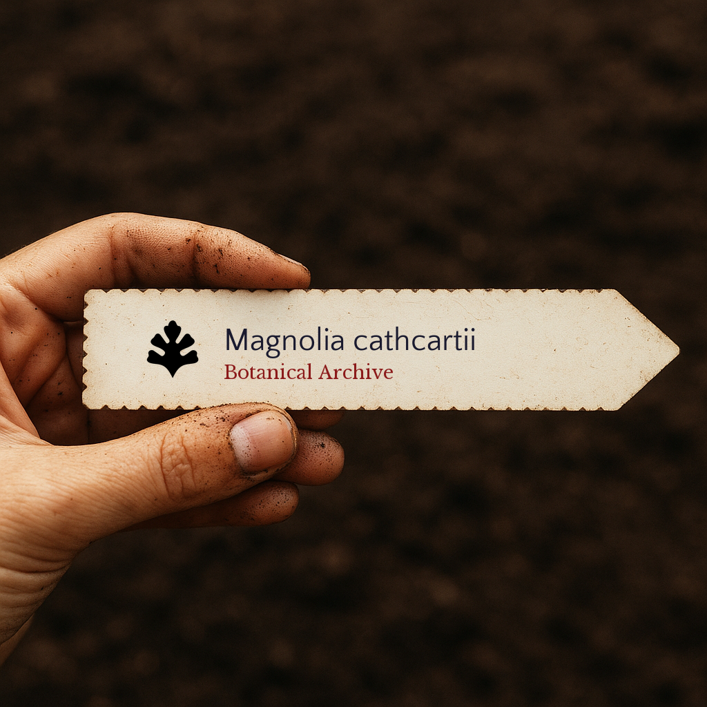 Handheld printed plant label for Magnolia cathcartii with soil background