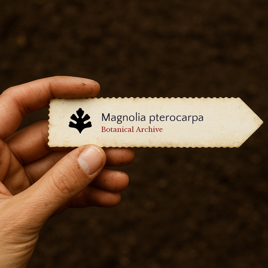 Printed plant label for Magnolia pterocarpa held by hand with soil background