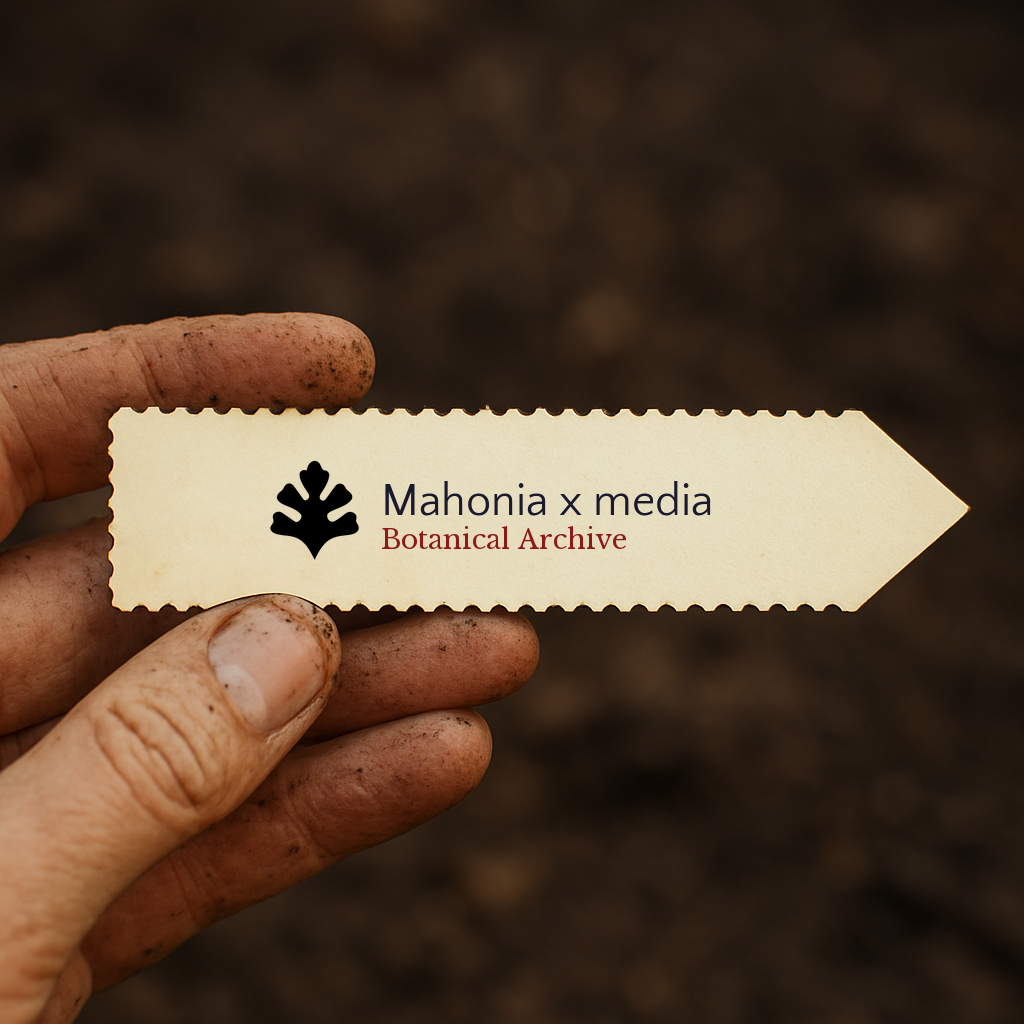 Printed plant label for Mahonia x media held by dirty hand over soil background