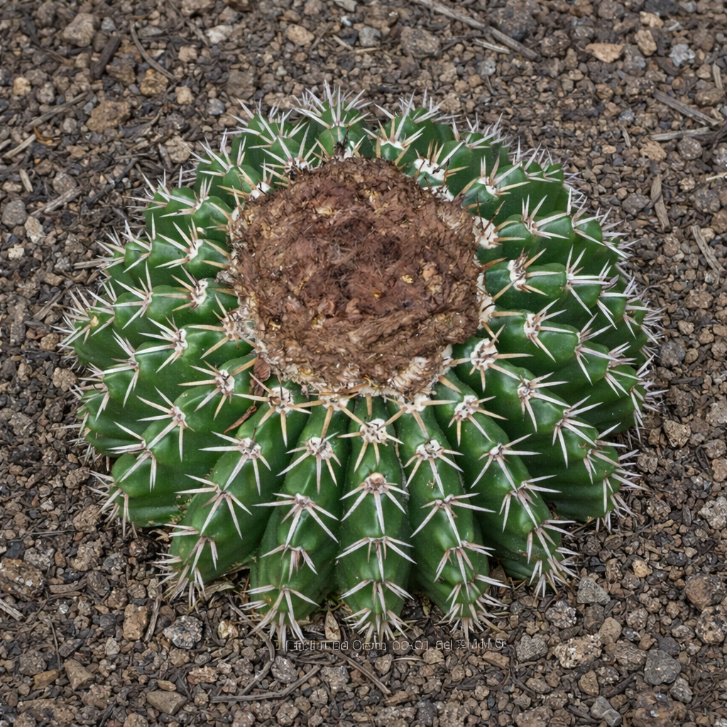 Malacocarpus pauciareolata rare round green cactus with white spines and brown top center