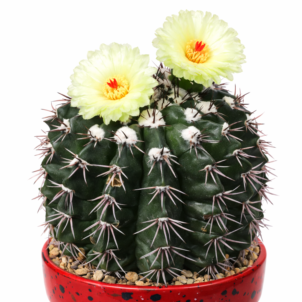 Cactus Malacocarpus tephracantha con fiori gialli in vaso rosso e coste spinose