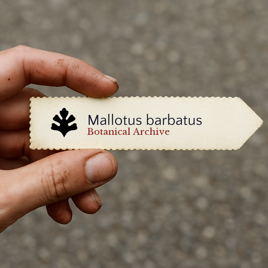Etichetta stampata per pianta di Mallotus barbatus con logo Botanical Archive tenuta a mano