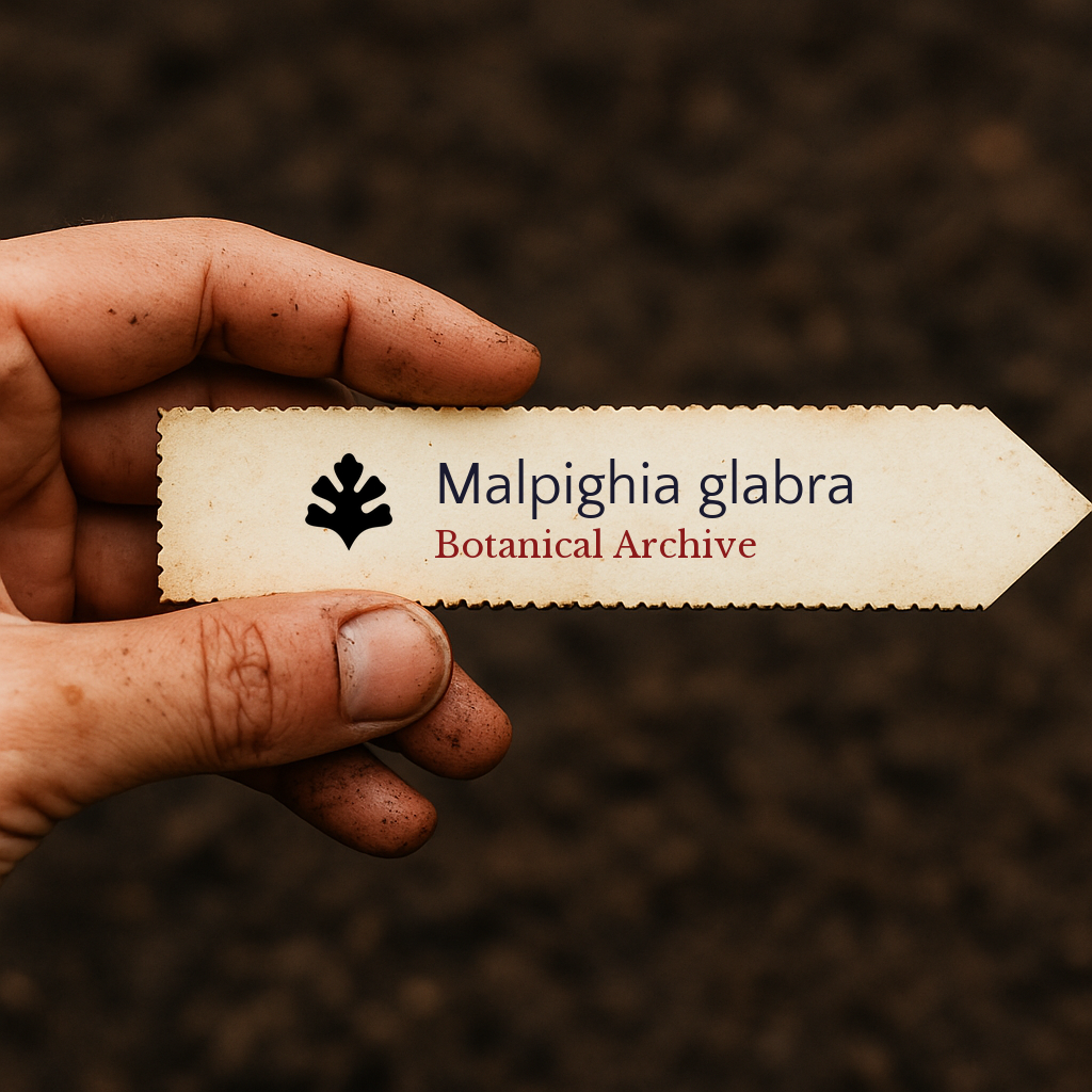Printed plant label for Malpighia glabra held by a dirt-covered hand against soil background