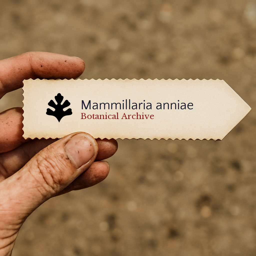 Printed plant label for Mammillaria anniae held by hand with soil background