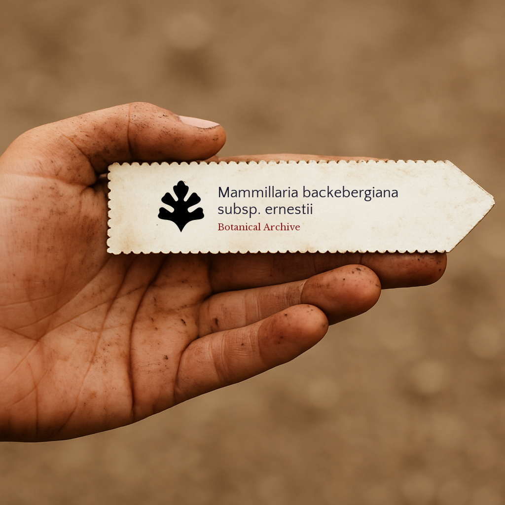 Printed plant label for Mammillaria backebergiana subsp. ernestii held in dirty hand