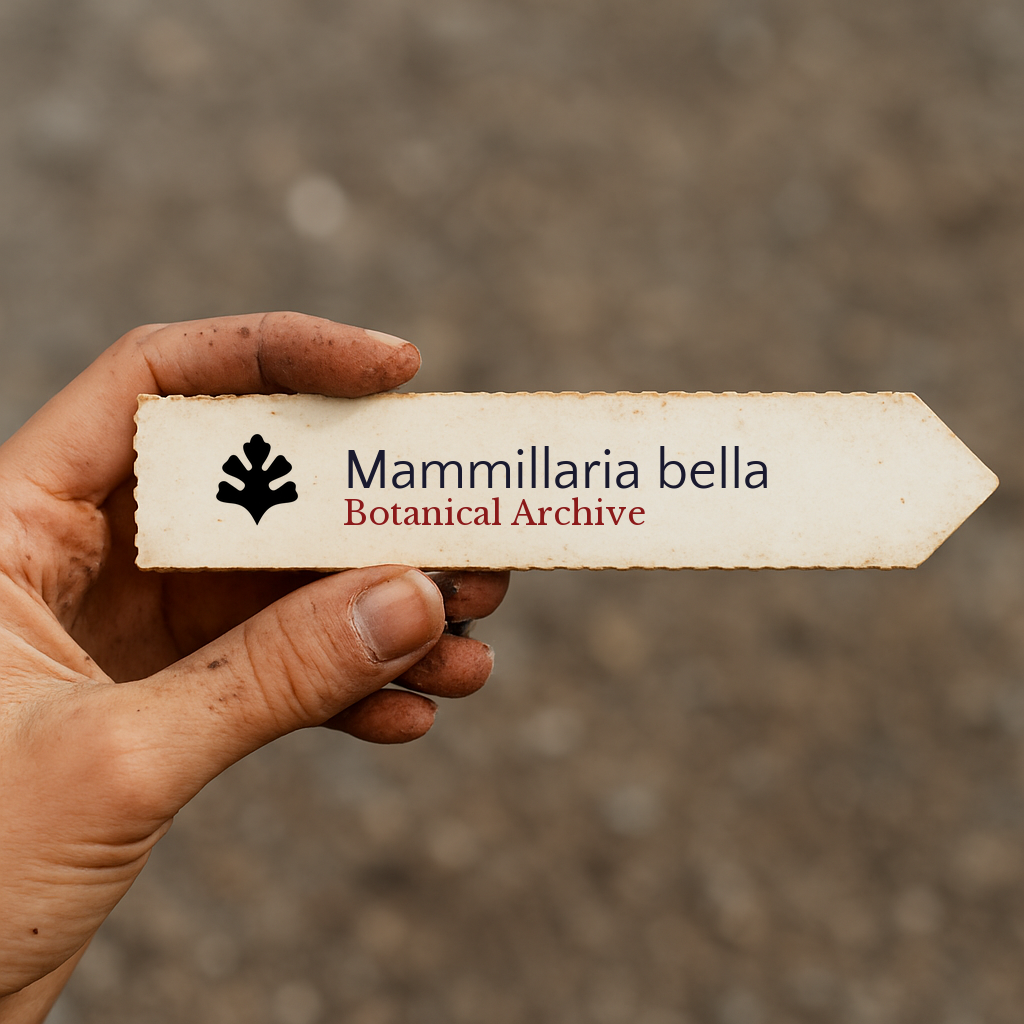 Printed plant label for Mammillaria bella held by a hand with soil-stained fingers