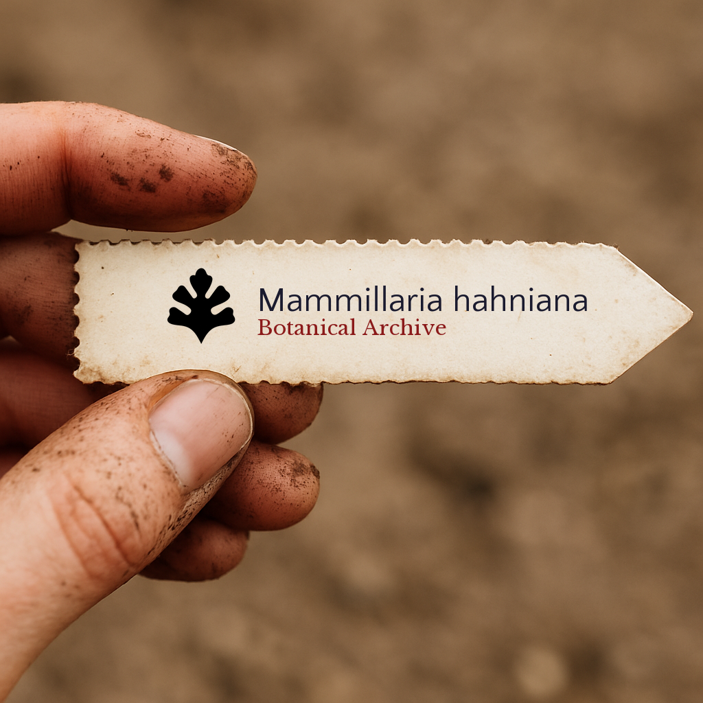 Printed plant label for Mammillaria hahniana with botanical archive logo held by dirty hand