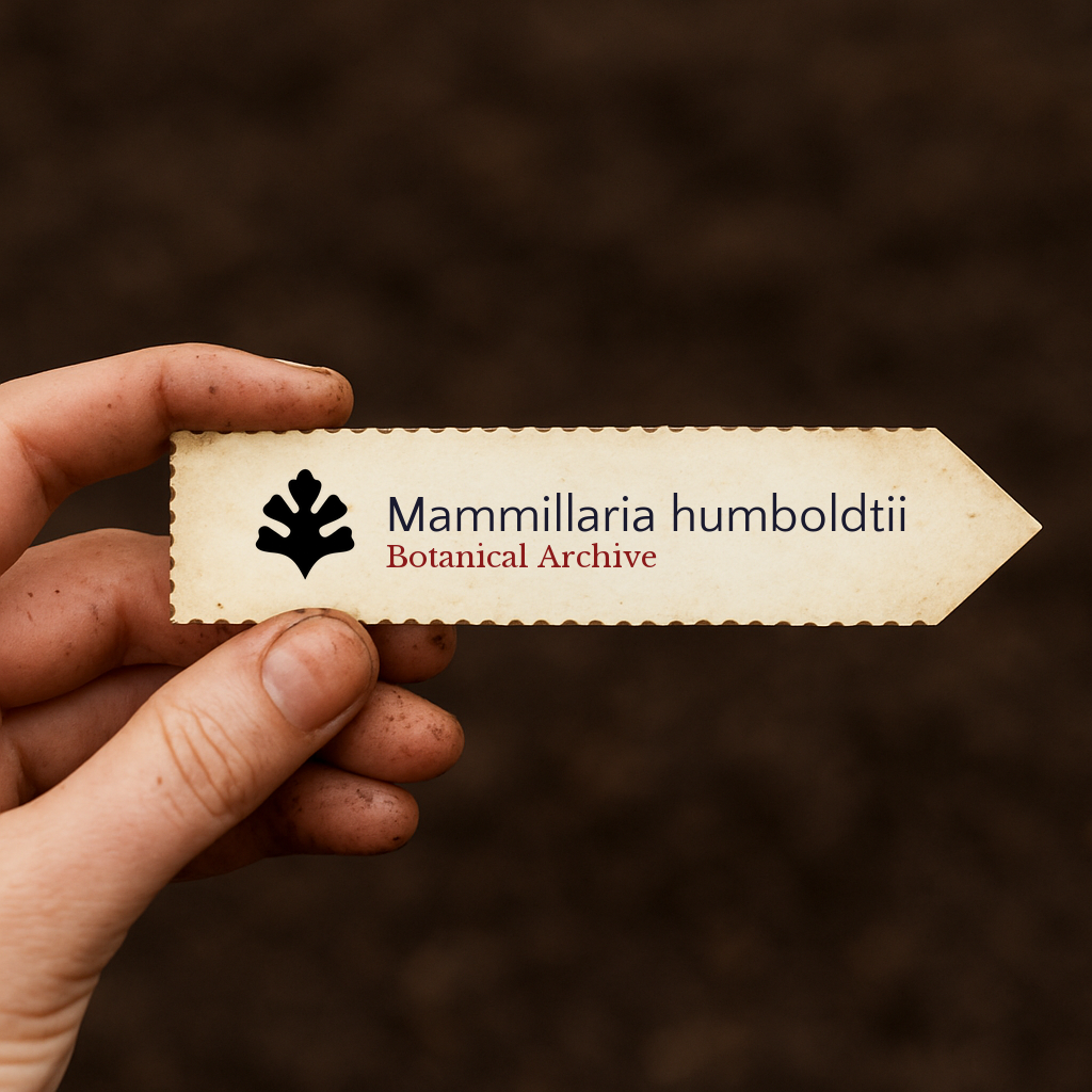 Printed plant label for Mammillaria humboldtii held by hand over soil background