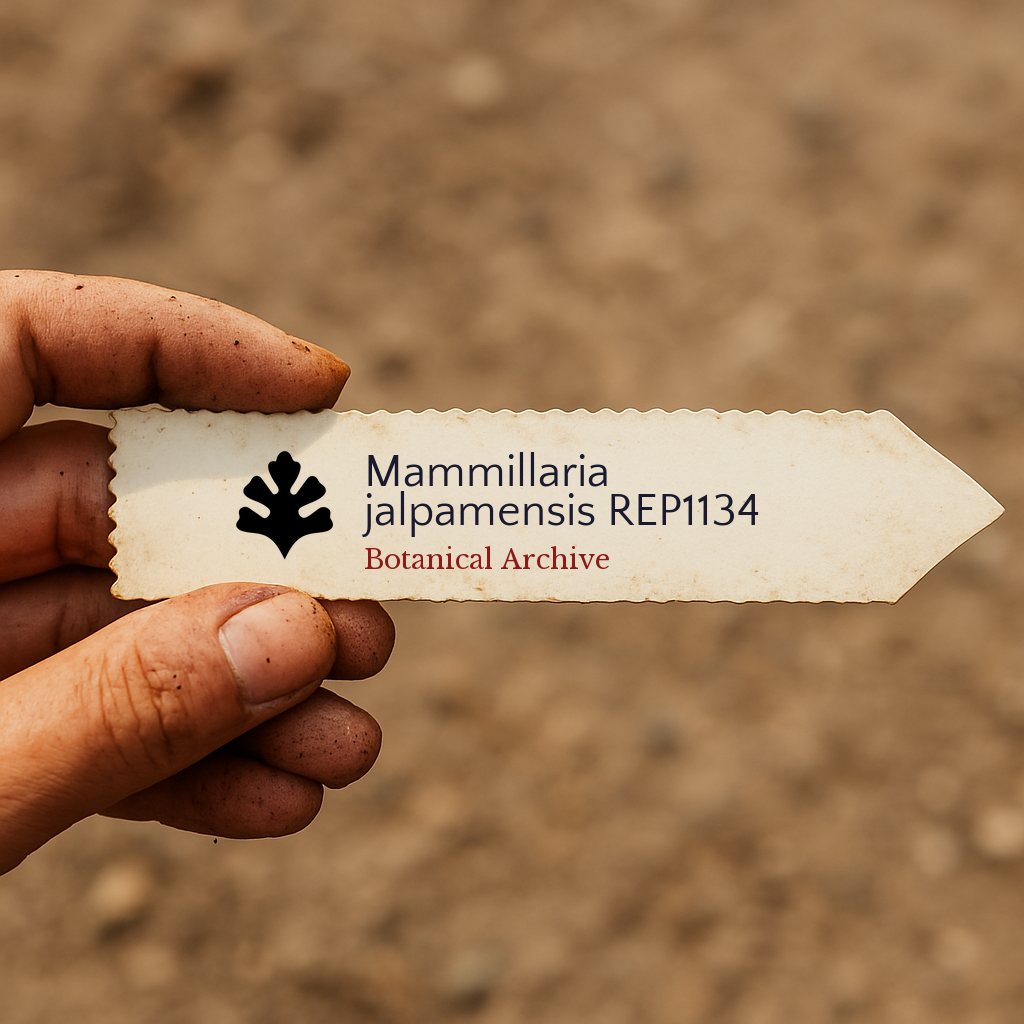 Printed plant label for Mammillaria jalpamensis REP1134 held outdoors with dirt background