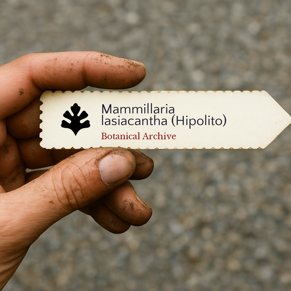 Printed plant label for Mammillaria lasiacantha (Hipolito) held by dirty hand outdoors