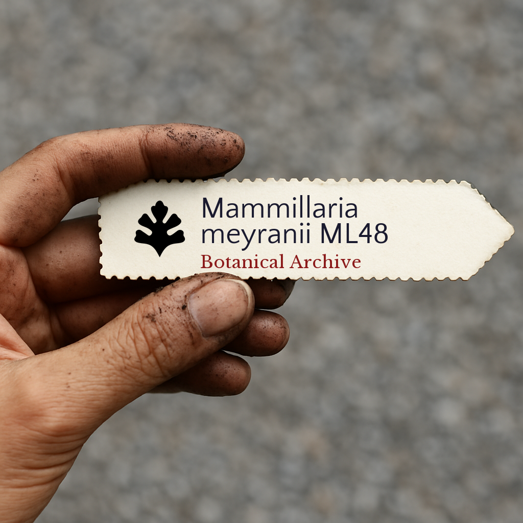 Printed plant label for Mammillaria meyranii ML48 held by dirty hand outdoors