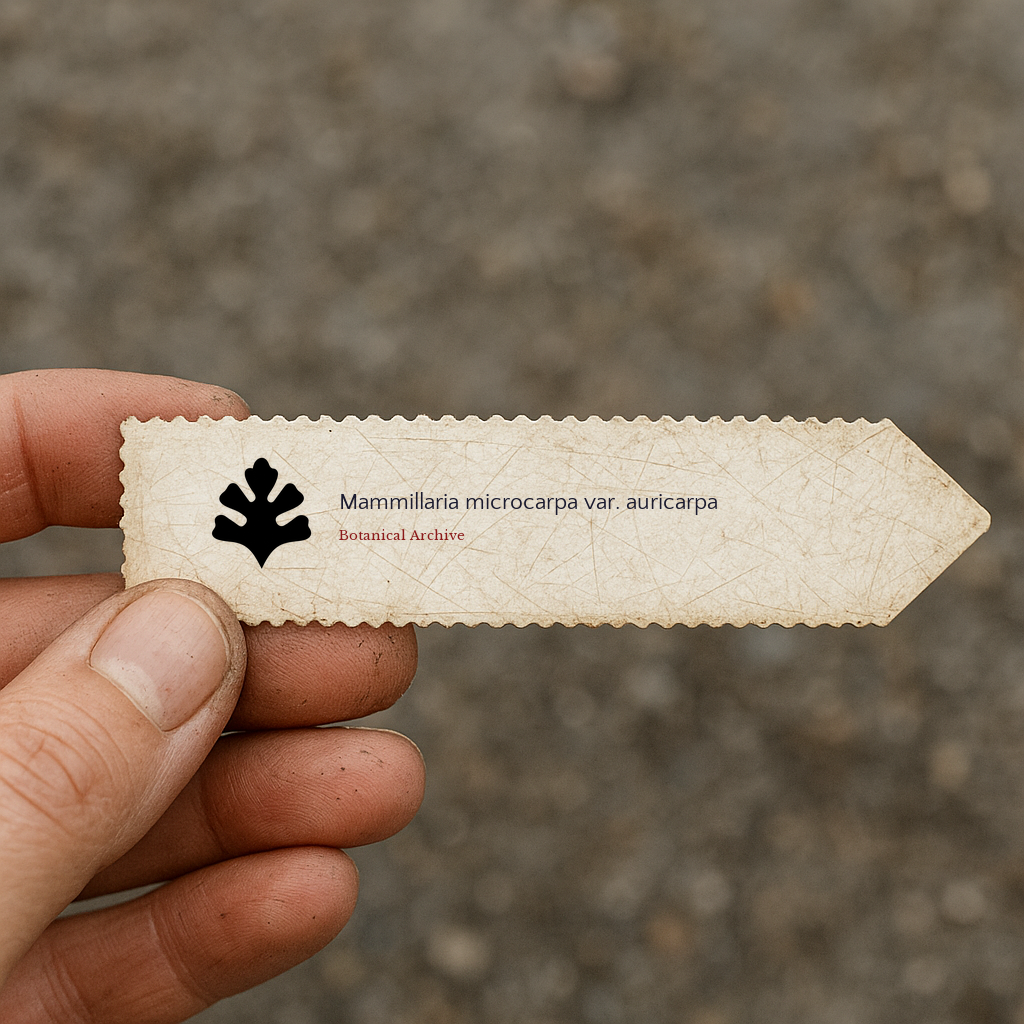 Printed plant label for Mammillaria microcarpa var. auricarpa held outdoors