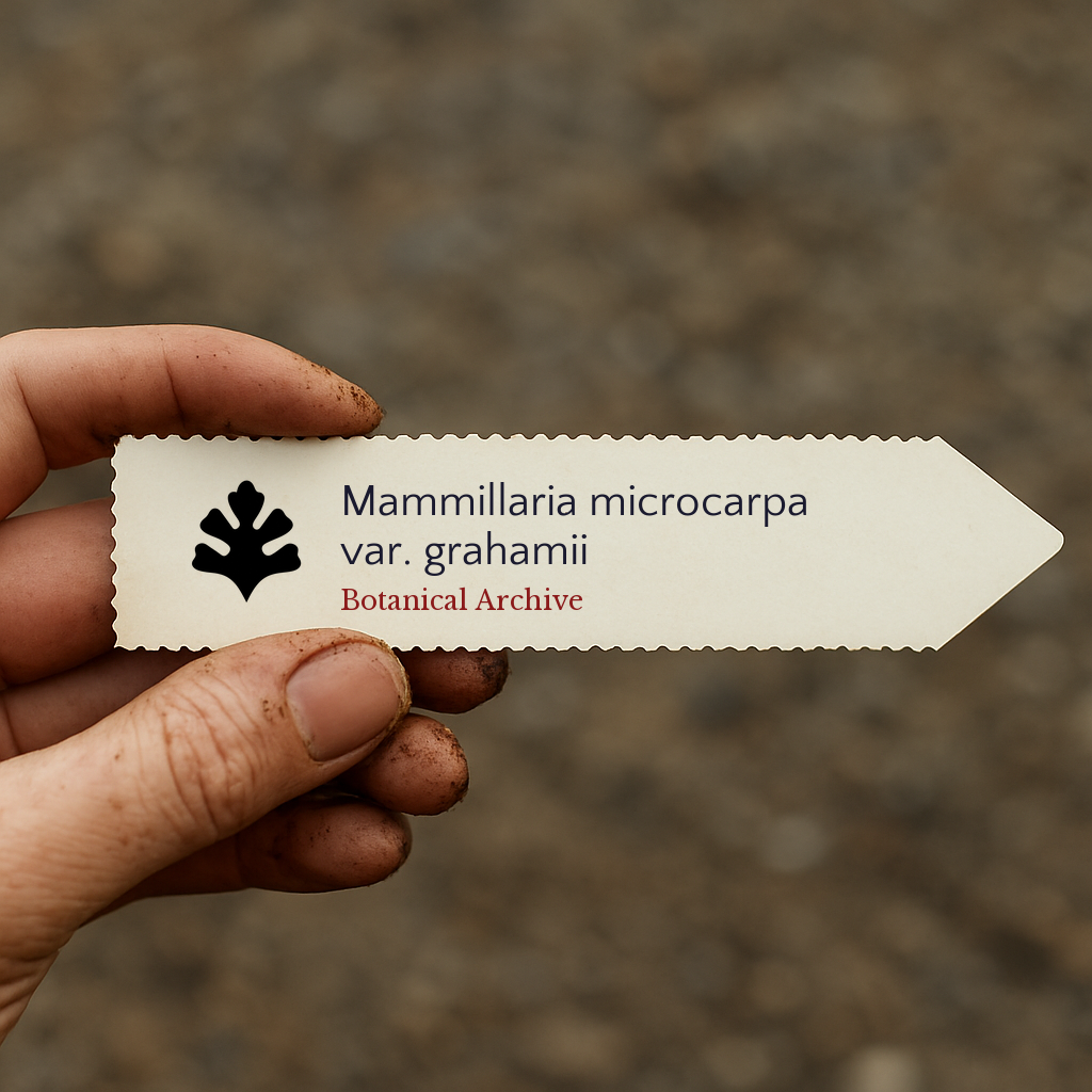 Etichetta stampata per pianta di Mammillaria microcarpa var. grahamii tenuta a mano con sfondo di terreno
