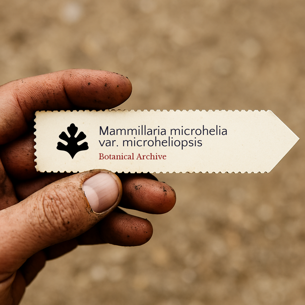 Etichetta stampata per pianta di Mammillaria microhelia var. microheliopsis tenuta da mano sporca