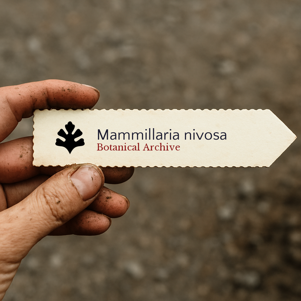 Printed plant label for Mammillaria nivosa held by hand with dirt background