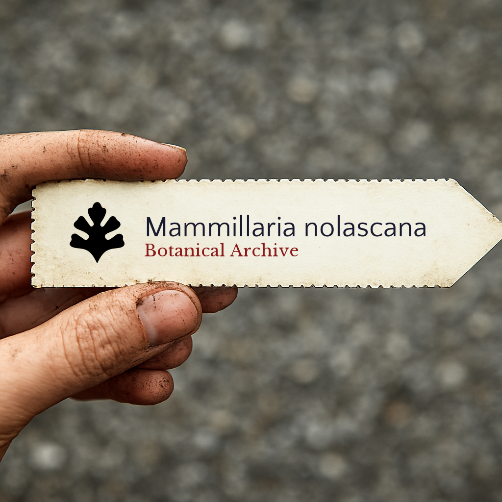 Etichetta stampata per pianta Mammillaria nolascana tenuta da mano sporca all'aperto