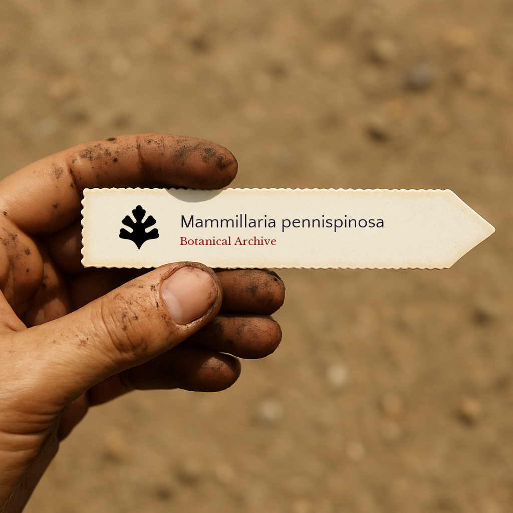 Printed plant label for Mammillaria pennispinosa held by dirty hand against soil background