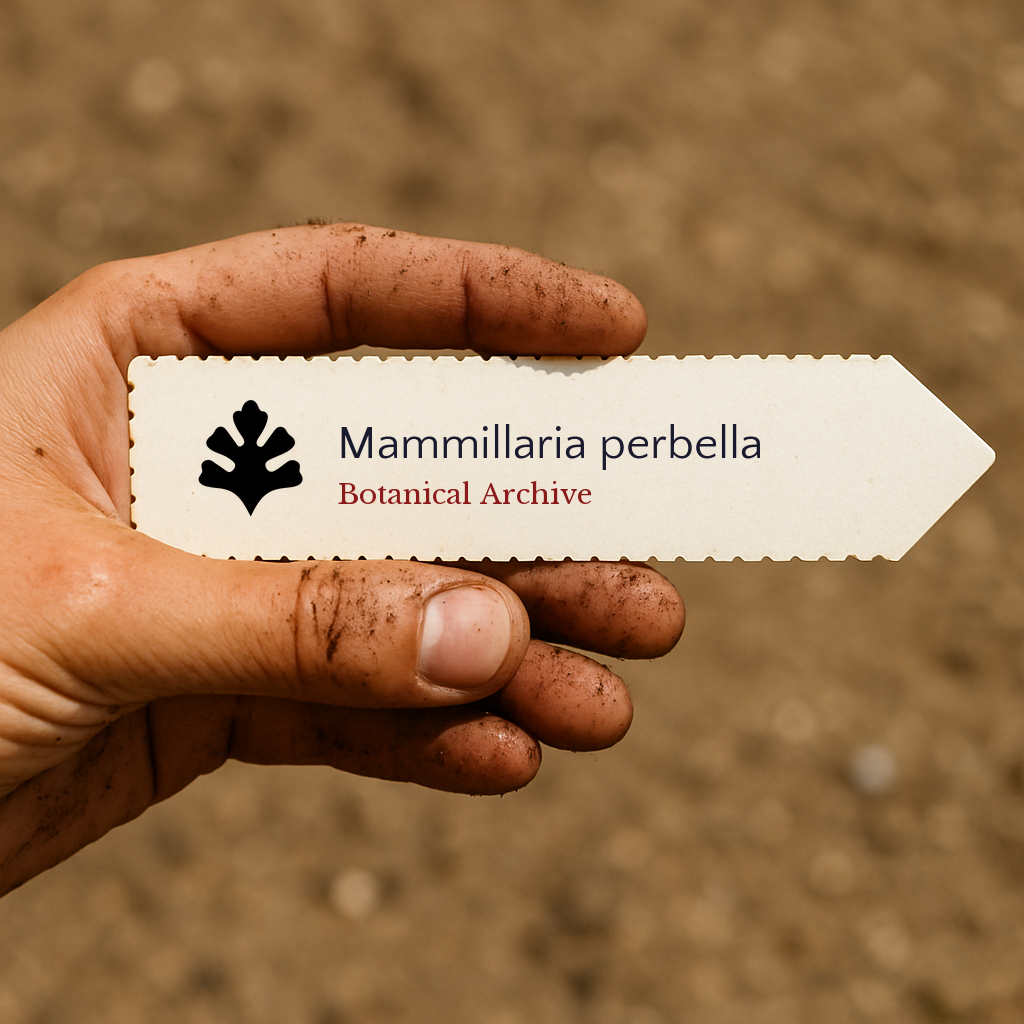 Printed plant label for Mammillaria perbella held by dirty hand outdoors