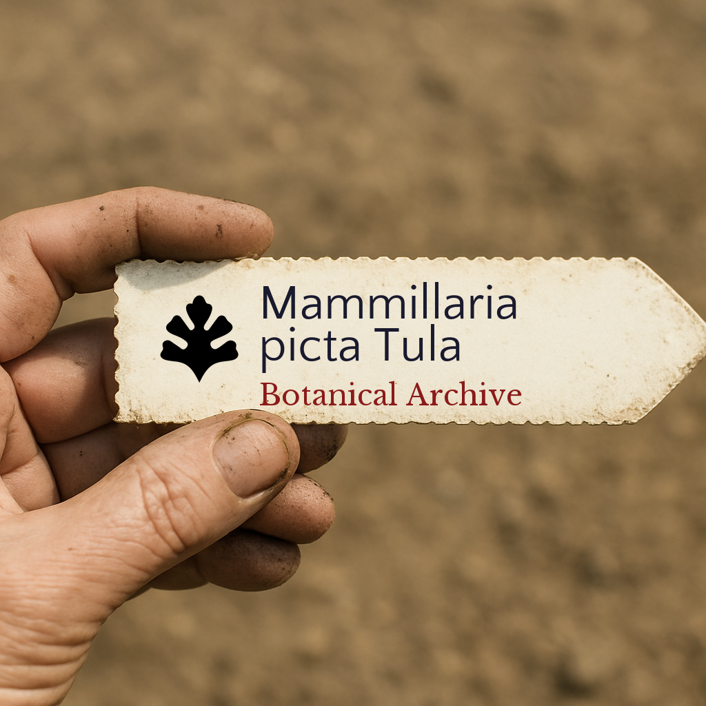 Printed plant label for Mammillaria picta Tula held by hand with soil background