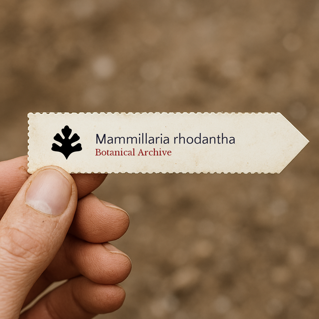 Printed plant label for Mammillaria rhodantha held by hand with blurred soil background