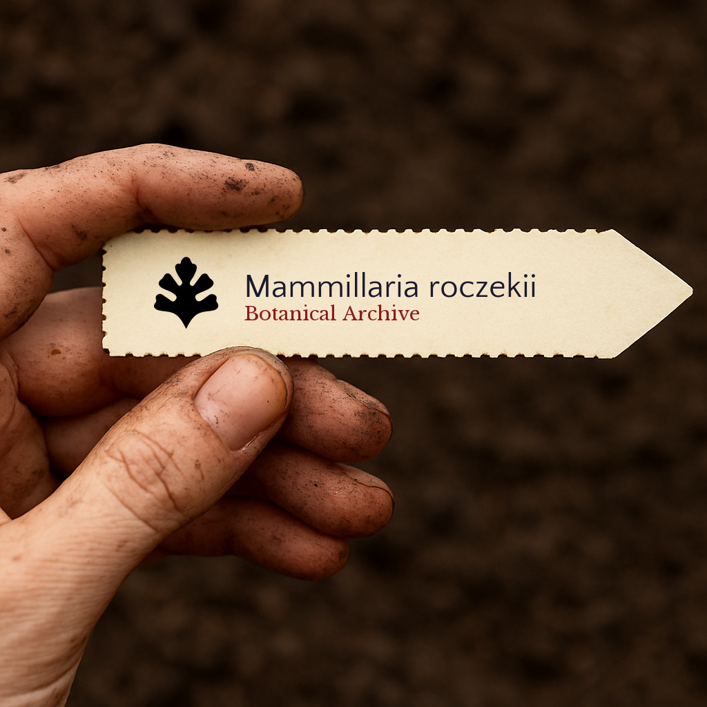 Printed plant label for Mammillaria roczekii held by dirty hand over soil background