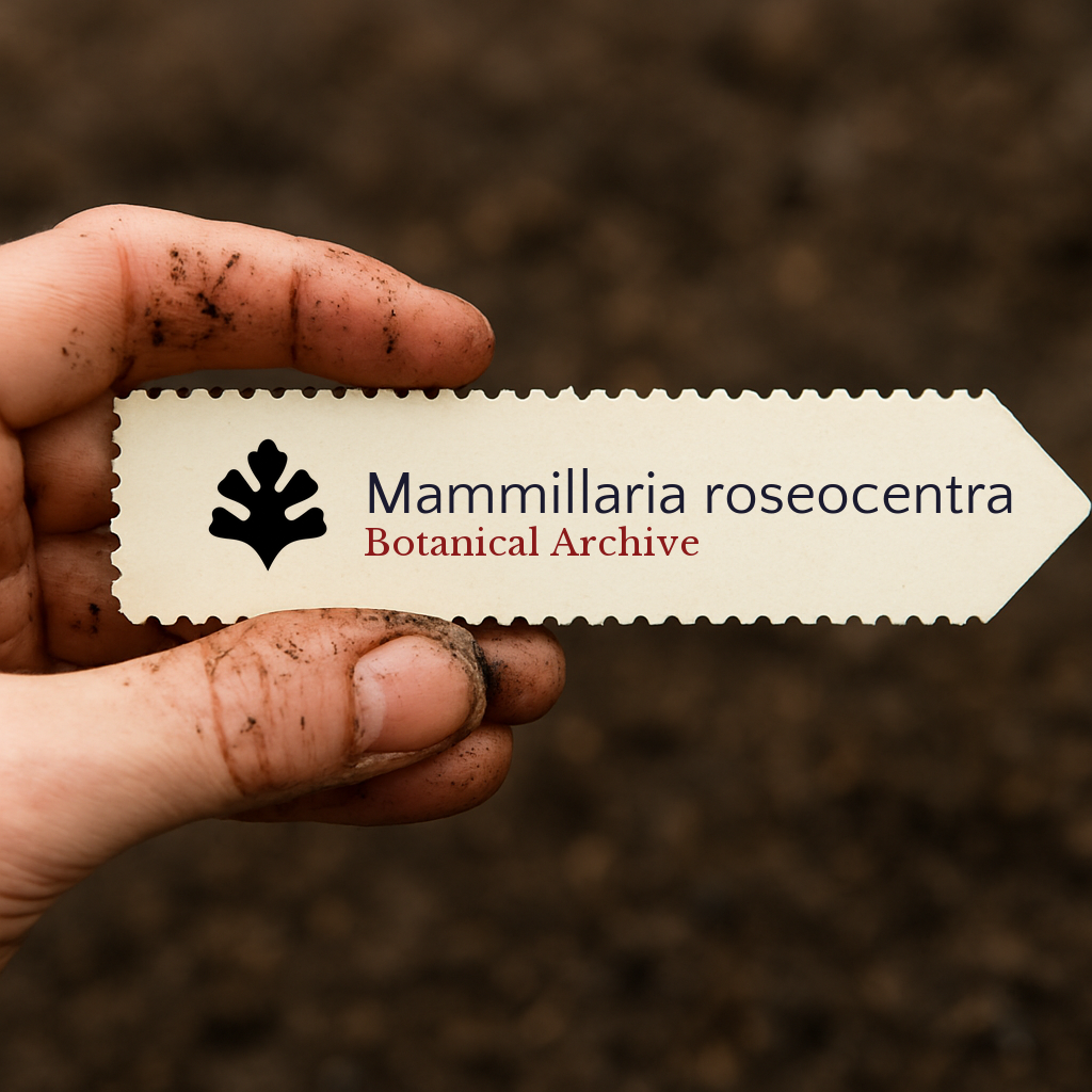 Etichetta stampata per pianta di Mammillaria roseocentra tenuta da una mano sporca su sfondo di terra