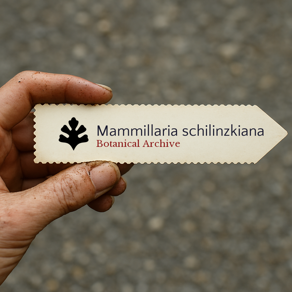Printed plant label for Mammillaria schilinzkiana with botanical archive logo held by hand