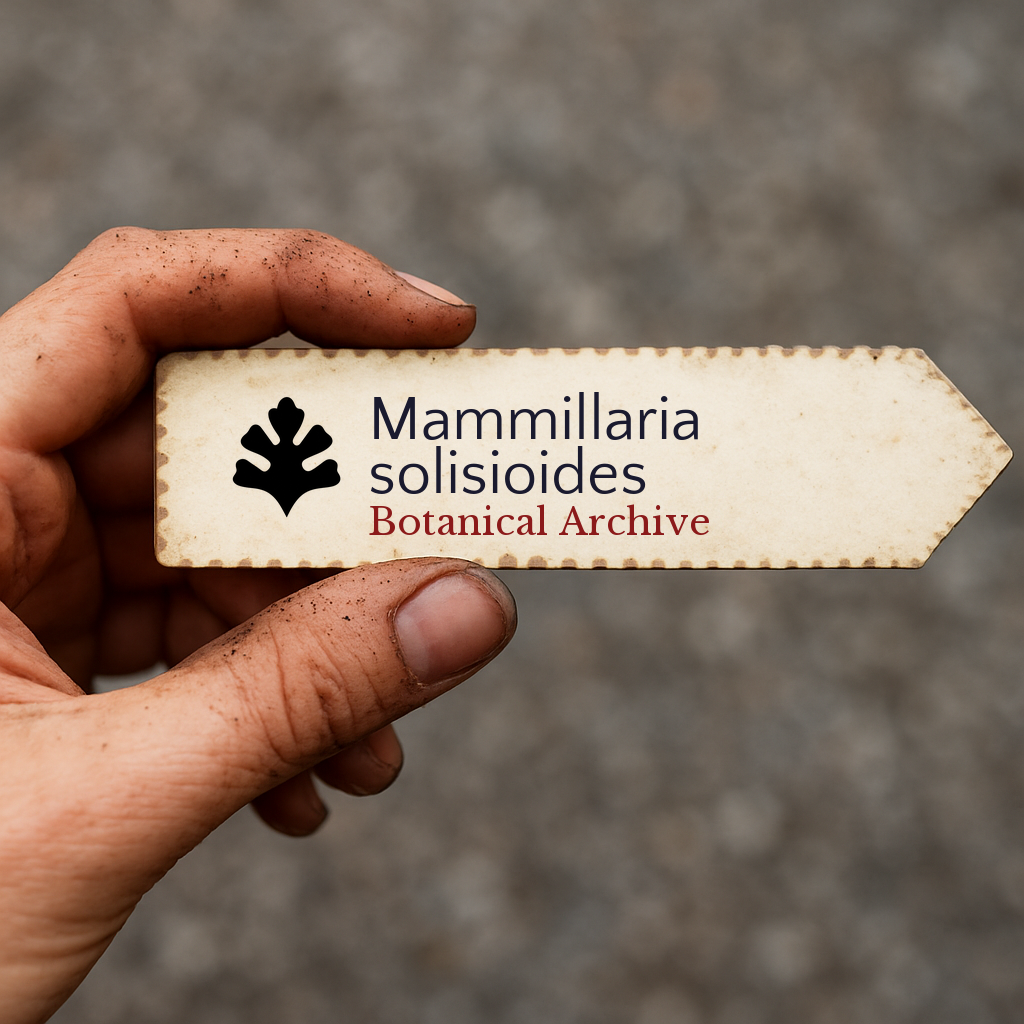 Etichetta stampata dell'archivio botanico per Mammillaria solisioides tenuta in mano