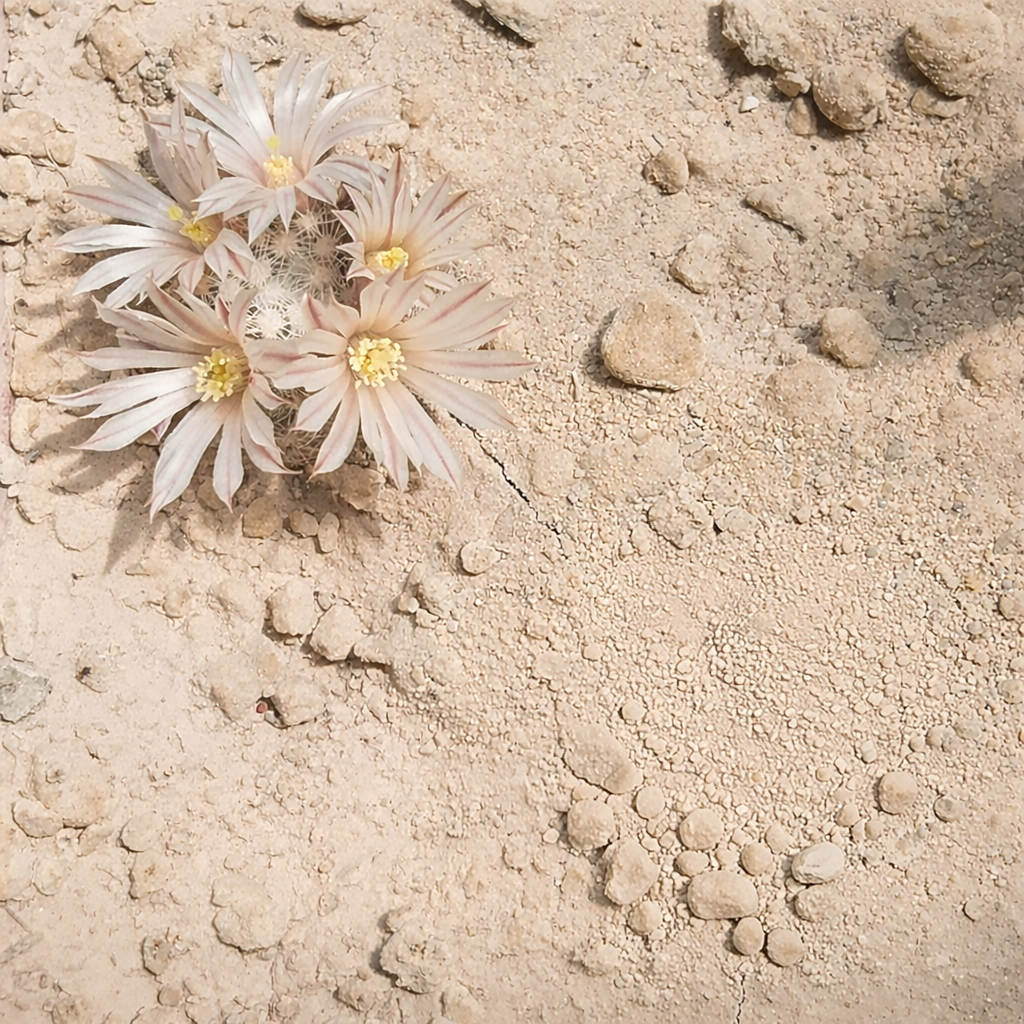 Mammillaria coahuilense small cactus with pale pink flowers and yellow centers in sandy soil