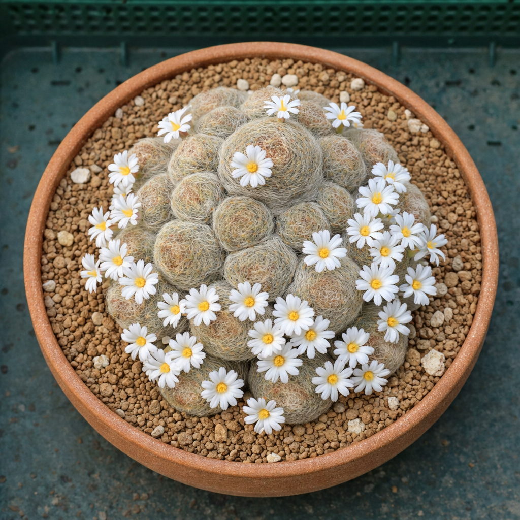 Cactus Mammillaria lenta a cespuglio con fiori bianchi simili a margherite in vaso di terracotta