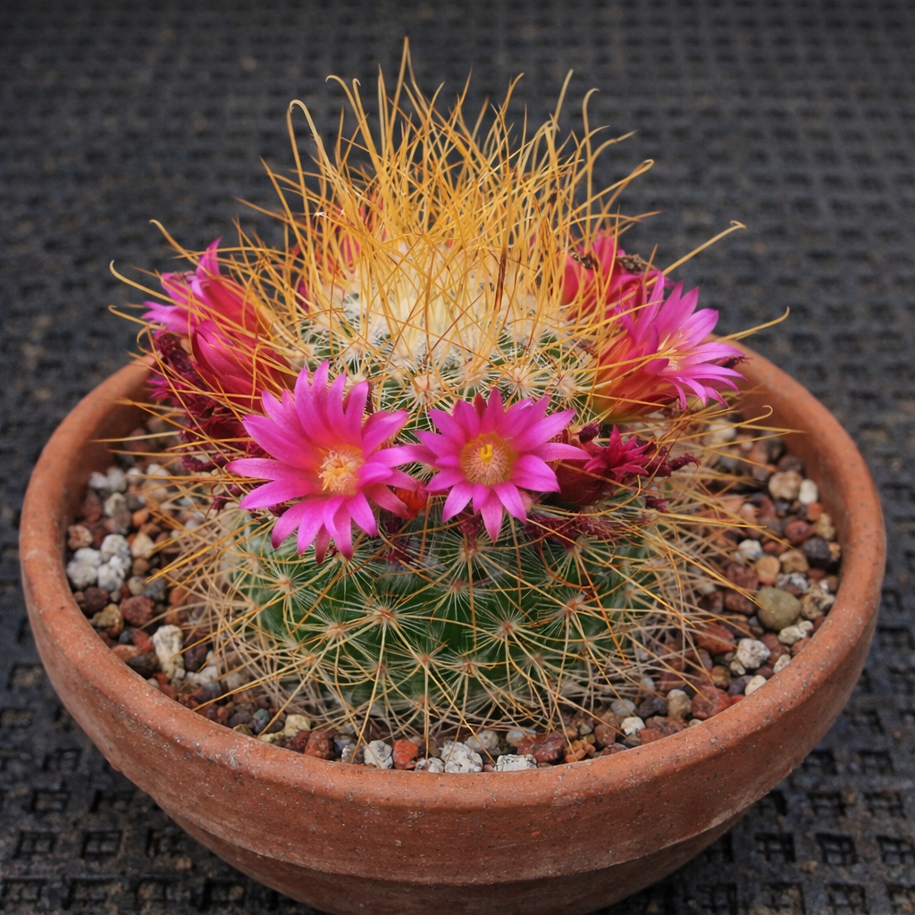 Mammillaria leptacantha cactus with bright pink flowers and long golden spines in terracotta pot